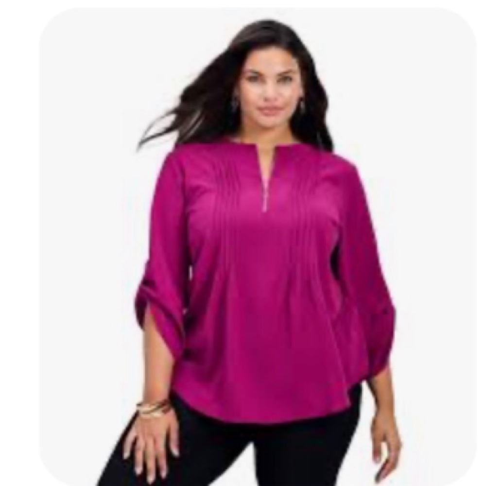 ❤️3X20 CHAUS Women's Magenta Pleated Button-Up 3/4 Sleeve Georgette Blouse | XL